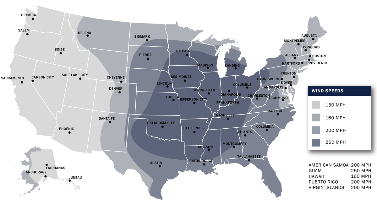 Map showing distribution of wind speeds throughout the United states from 130 mph to 250 mph